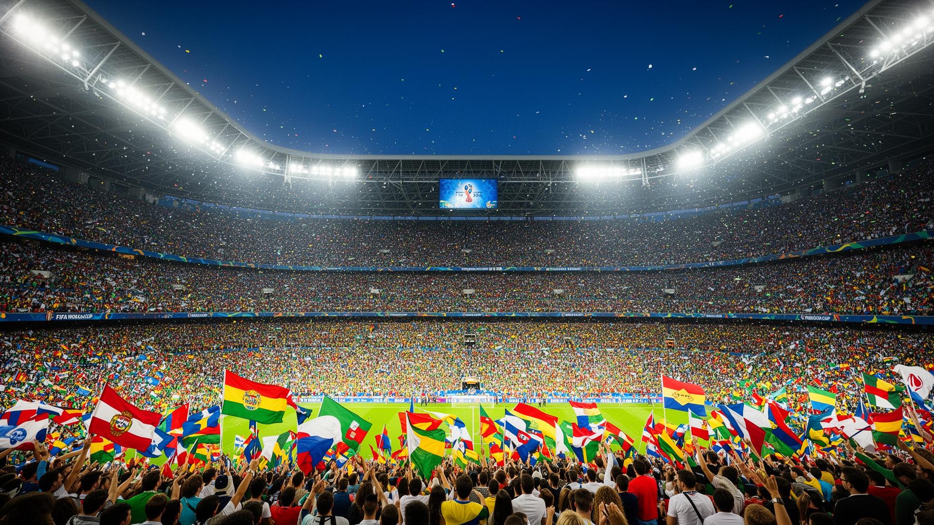 Packed World Cup stadium with bright lights and crowd atmosphere